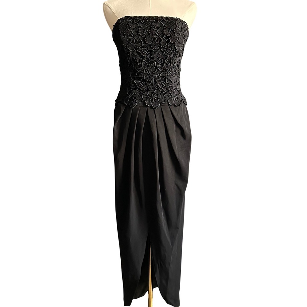 Vintage‎ BOCAR Black Strapless Lace Bodice Draped Tulip Maxi Dress - Size 4